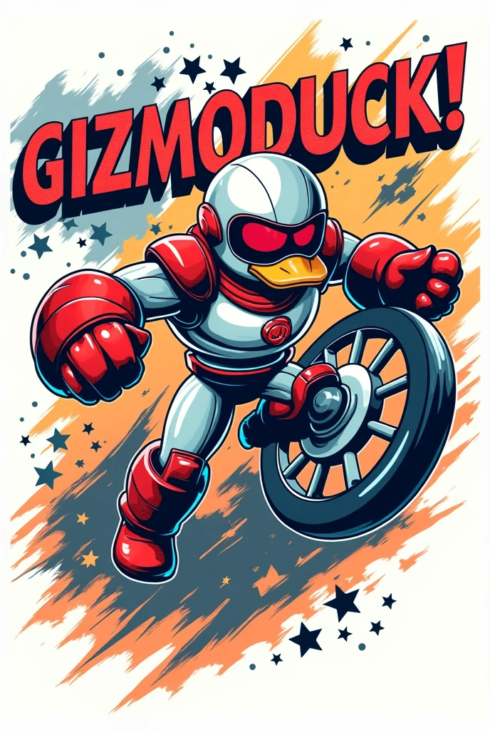 Vector t-shirt design featuring GizmoDuck in a dynamic action pose, vintage-style illustration with a retro-futuristic aesthetic, bold lines and flat colors characteristic of vector art, high contrast between metallic silver armor and bright red accents, comic book-inspired energy bolts and mechanical gears surrounding the character, distressed blocky text with 3D effect reading "GizmoDuck!" incorporating graffiti-style elements, electric blue highlights for tech details, clean white background for screen printing compatibility, highly detailed 4K resolution artwork emphasizing the character's iconic wheel and red visor, overall composition balancing action and readability for t-shirt application.