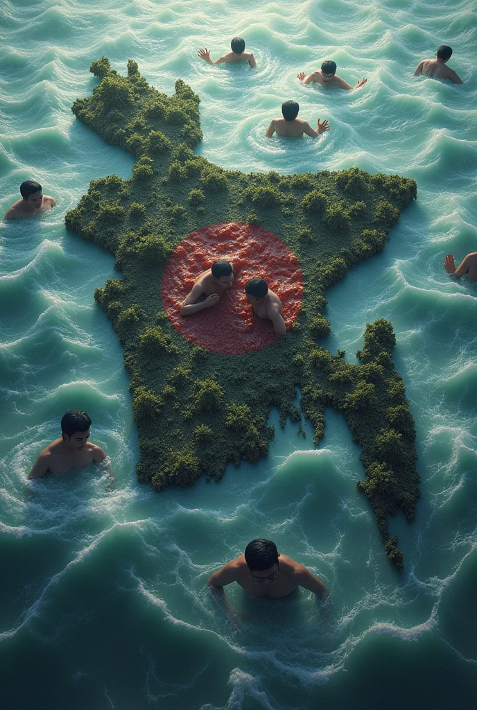Water is flowing over the map of Bangladesh and many people are drowning in the water