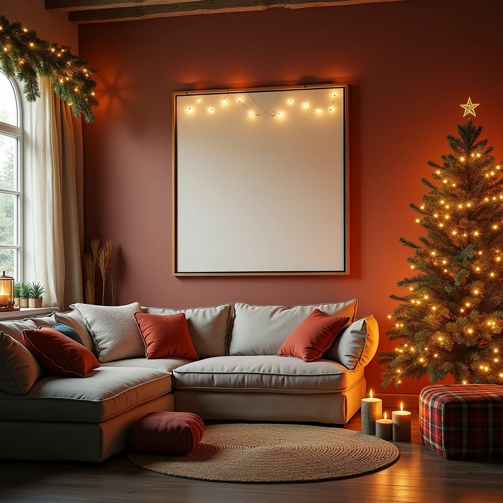 An ultra-realistic, cozy Christmas living room featuring a blank DIN A-sized white-framed canvas hanging on the wall. The canvas subtly reflects the ambient light from the holiday decorations, including a brightly lit Christmas tree, garlands, and glowing candles. The scene is filled with intricate details, such as the texture of the wall, the softness of the cushions, and the delicate shadows cast by the Christmas lights, all creating a warm and welcoming holiday setting