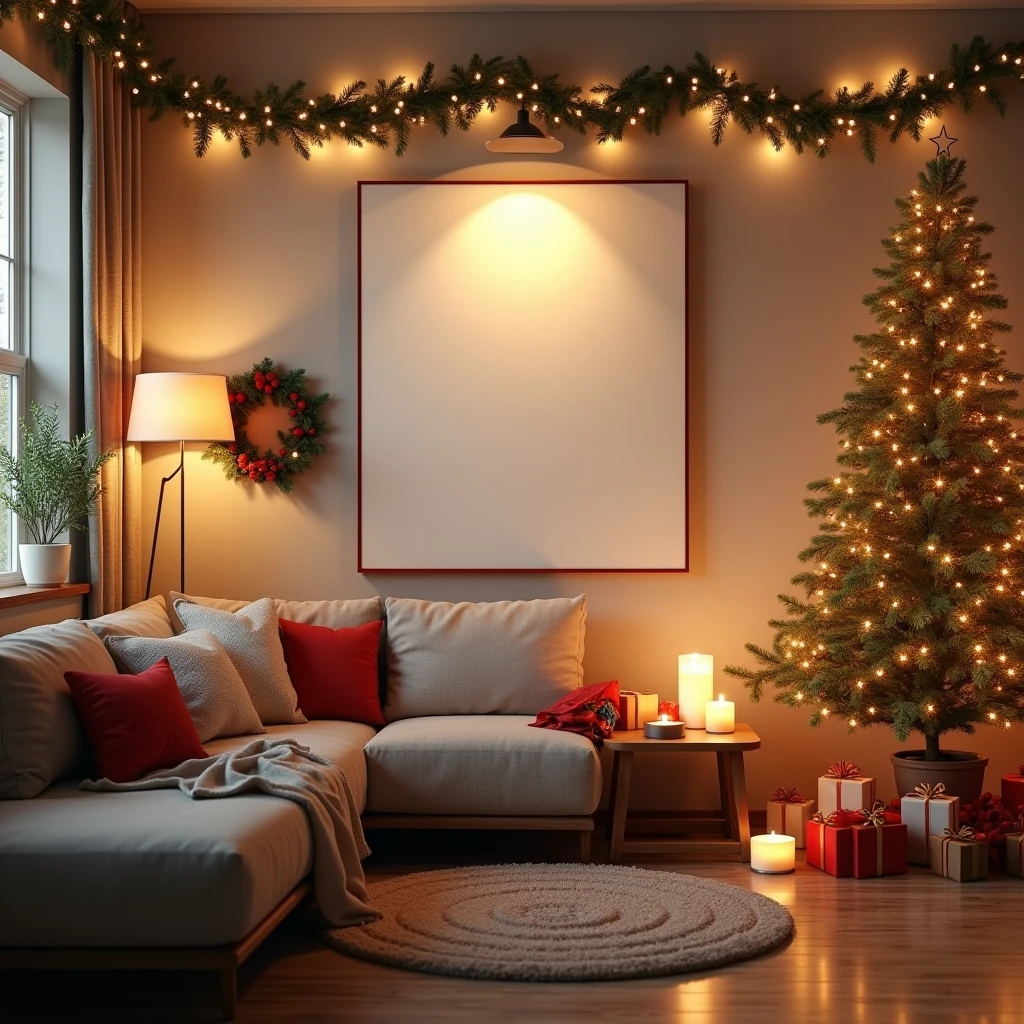 An ultra-realistic, cozy Christmas living room featuring a blank DIN A-sized white-framed canvas hanging on the wall. The canvas subtly reflects the ambient light from the holiday decorations, including a brightly lit Christmas tree, garlands, and glowing candles. The scene is filled with intricate details, such as the texture of the wall, the softness of the cushions, and the delicate shadows cast by the Christmas lights, all creating a warm and welcoming holiday setting