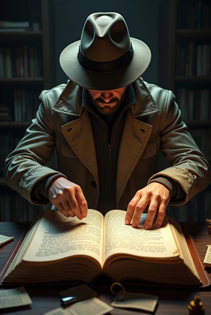 A detective hanging Bible verses from the book of Genesis on the cerotex background of the Bible