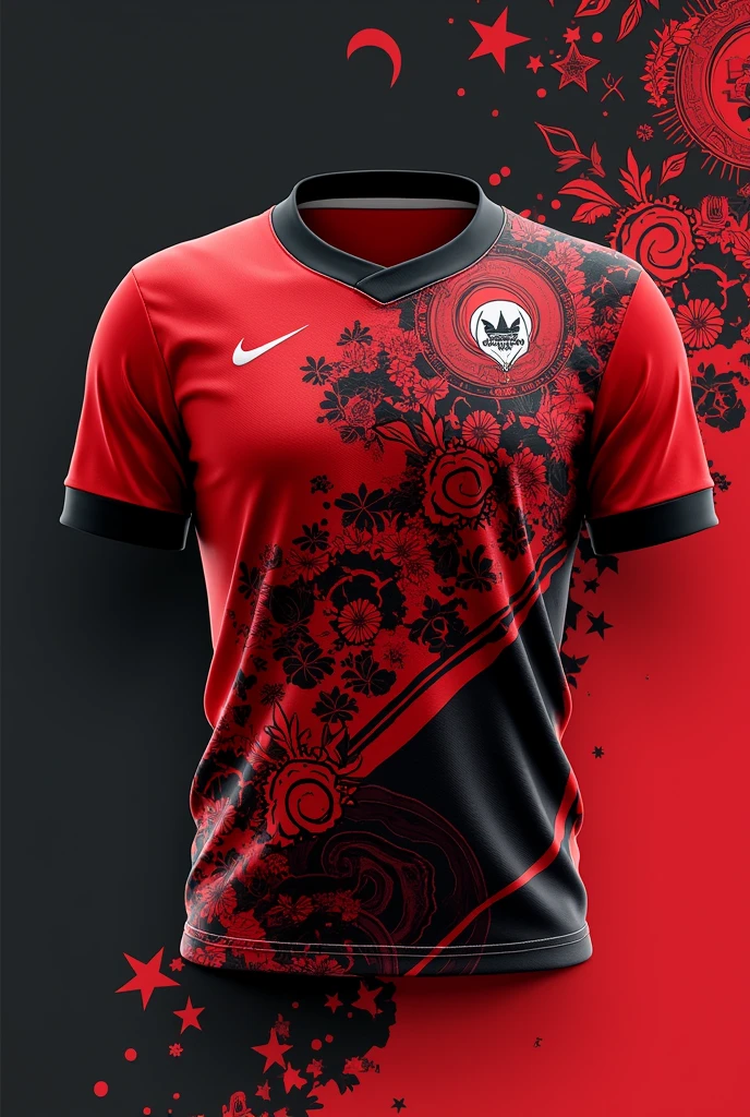 Create a jersey based on the art of Kerala for games named blasters in red and black colour 