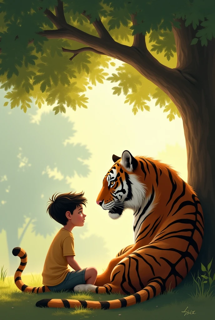 A boy sitting in a tree grazing cows and tiger is eating the cows

