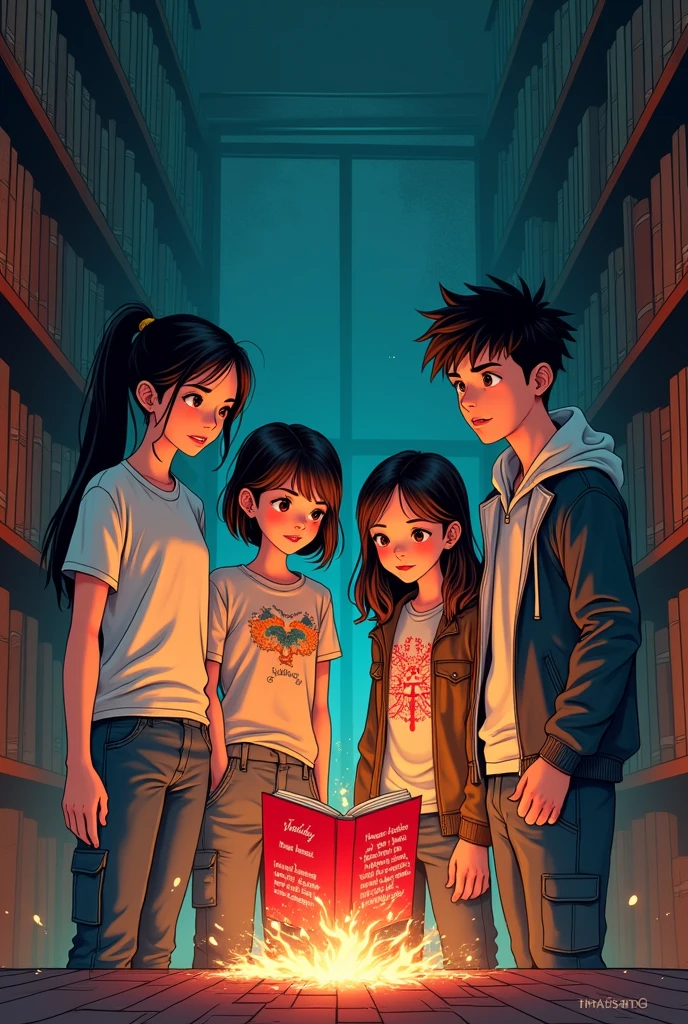 2D Manga style, An old, dusty library in a Thai university, with a group of four friends,
Nok: A  young Thai woman with long, straight black hair tied in a ponytail, wearing a simple blouse and jeans. She has a soft, round face with large, expressive brown eyes. The setting is a university campus, and she exudes a determined and curious demeanor.
Nok
"A  young Thai woman with long, straight black hair tied in a ponytail, wearing a simple blouse and jeans. She has a soft, round face with large, expressive brown eyes. The setting is a university campus, and she exudes a determined and curious demeanor."

Pong
"A tall, lanky young Thai man with short, slightly messy black hair, wearing a t-shirt with a quirky design and cargo pants. He has a laid-back, humorous expression but a hint of caution in his eyes. The background is a dimly lit hallway, giving a sense of his superstitious nature."

Aom
"A slender young Thai woman with shoulder-length wavy brown hair, dressed in a trendy blouse and skirt. She has an elegant, thoughtful face with almond-shaped eyes. The setting is a university library, and she appears calm and rational, exuding a sense of empathy."

Bank
"An athletic young Thai man with short-cropped hair, wearing a hoodie and track pants. He has sharp features and a confident posture, with deep-set, determined eyes. The background is a dimly lit gym, highlighting his brave and protective nature."
They standing around a mysterious red notebook. The notebook is warm to the touch, with cryptic messages written in blood-red ink. The atmosphere is eerie, with dim lighting casting long shadows across the ancient bookshelves.