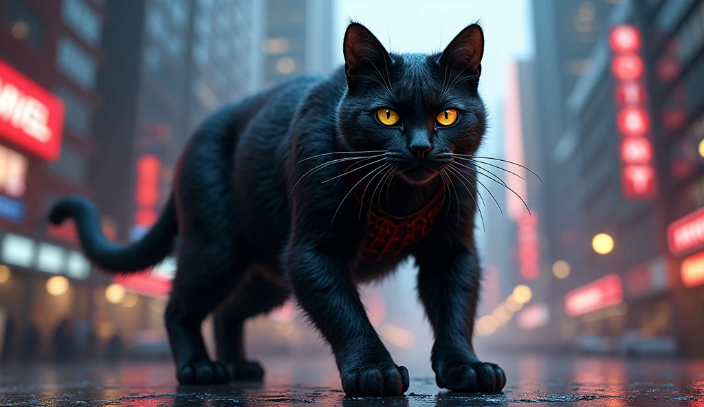 A burly black cat that looks like Spiderman