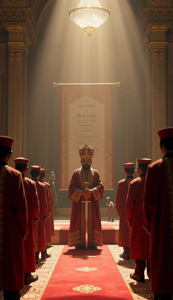 A dramatic scene showing the ceremonial moment when the title "Pangeran" is replaced with "Sultan" in the Islamic Kingdom of Kutai Kertanegara. The setting is a grand hall within the royal palace, with richly decorated Islamic architecture. The central figure, a newly crowned Sultan, is dressed in elaborate attire with a jeweled turban, holding a ceremonial sword. The former title of "Pangeran" is displayed on a scroll being replaced by the new title "Sultan." The room is filled with dignitaries and courtiers witnessing the historic transition. The lighting is rich and regal, with beams of sunlight highlighting the ornate decorations. Ultra-detailed, 8K, hyper-realistic, UHD, cinematic.
