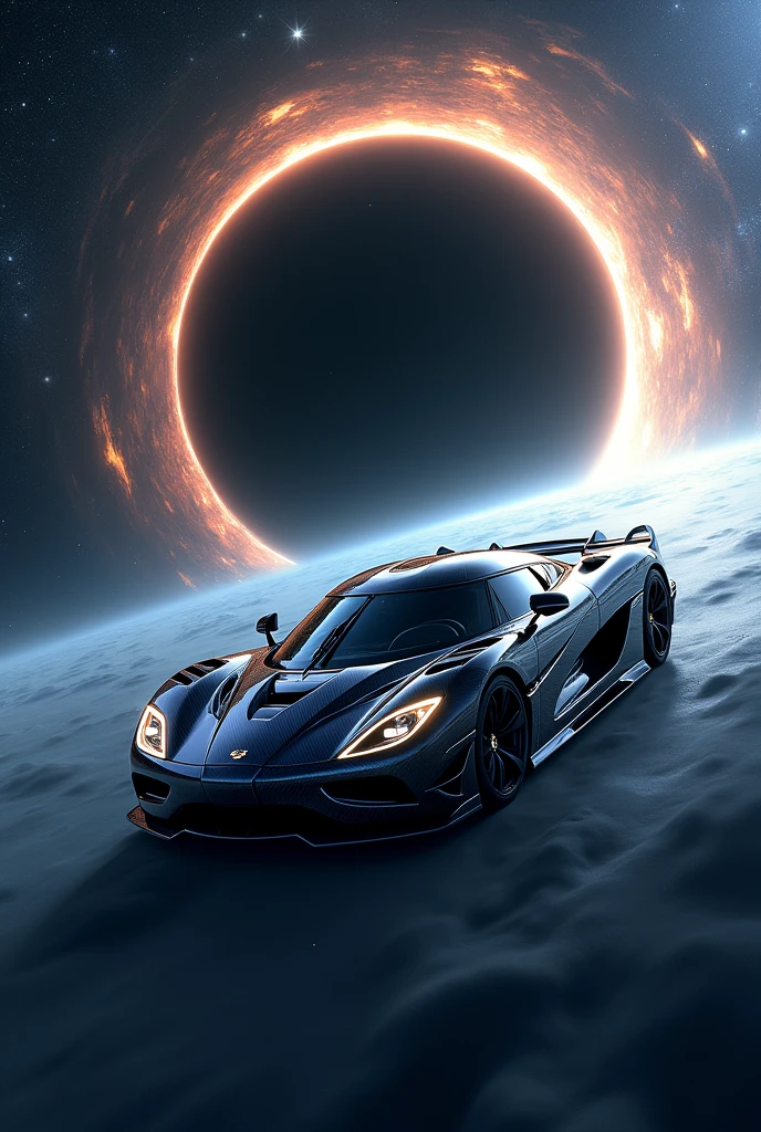 Koenigsegg car flying in time in space appearing massive black holes