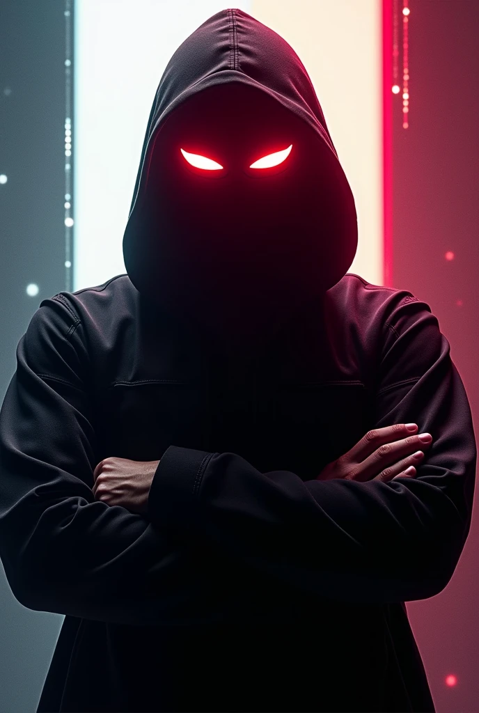 A man, with neon red eyes, hacker theme, no face, background light, with arms crossed