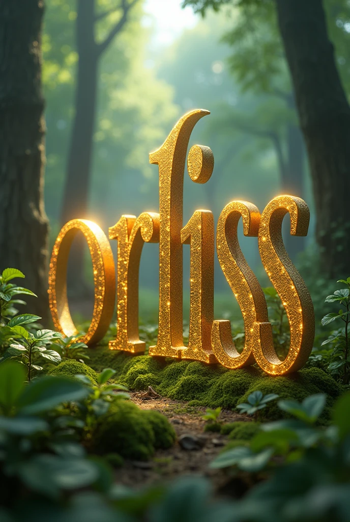 Word "orliss" written in gold serif elegant font with glitter. Wird should be upright in a, forest setting. Image should be 3d and fantasical and view should be far not close
