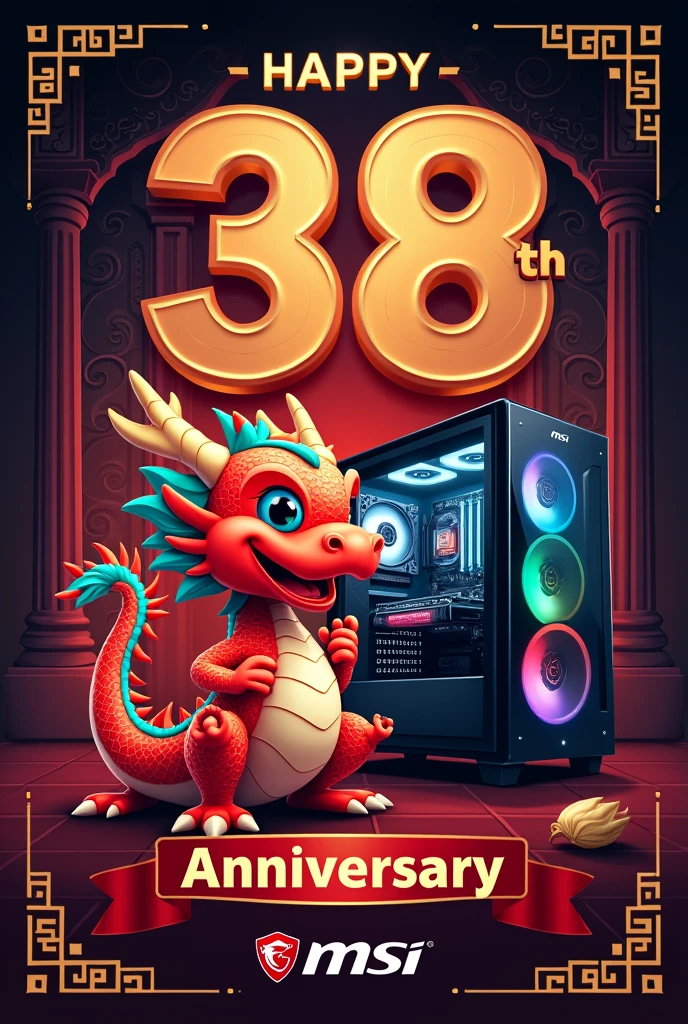 Generate a MSI anniversary card saying " happy 38 anniversary" featuring MSI Lucky dragon and MSI PC