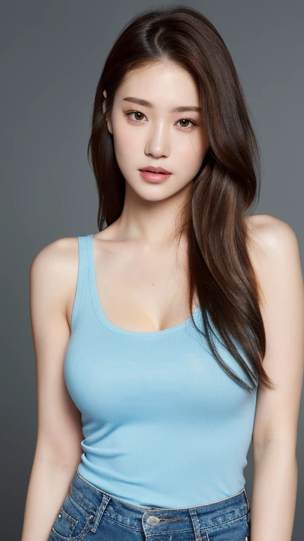（realistic， high resolution：1.3）， 1 girl with the perfect body， Very detailed face and eyes，long hair， Random color tank top：1.2， short jeans， big girl，Revealing the cleavage