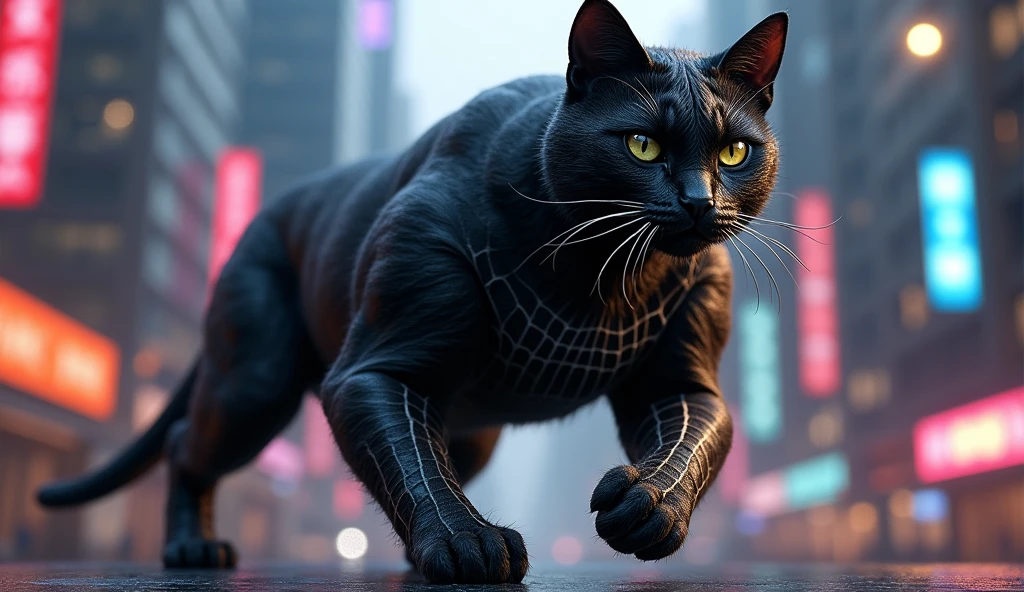 A burly black cat that looks like Spiderman