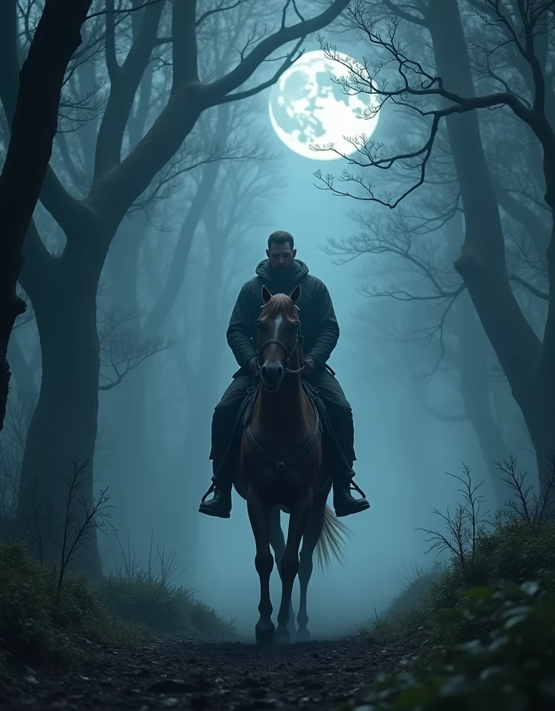 man riding a horse, cursed forest, mist, perfect lighting, work of art, lot of details, fullmoon, 8K resolution, a lot of trees
