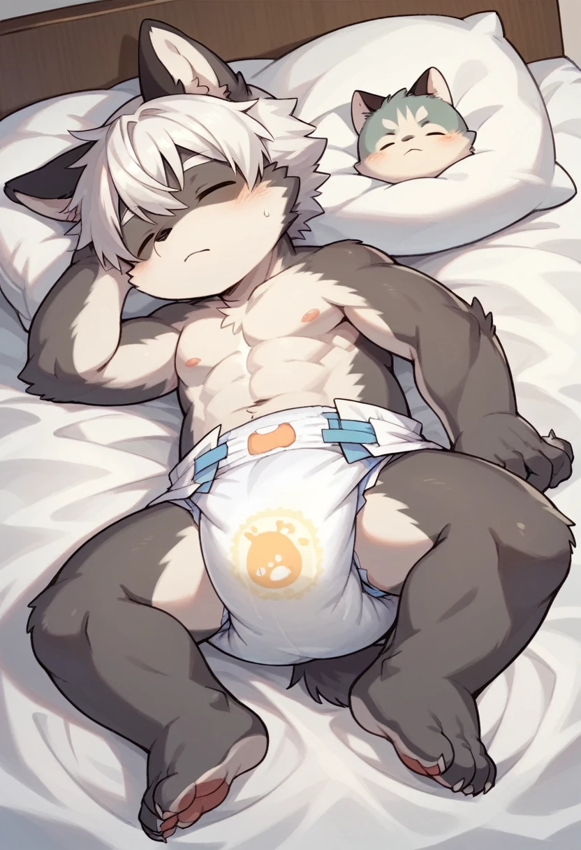 furry,kemono, toddler(One cute gray wolf boys),single,White hair,Wearing cute diapers,pooping in diaper,Naked,Lying in bed, diaper,sleeping, protrait photo,HD