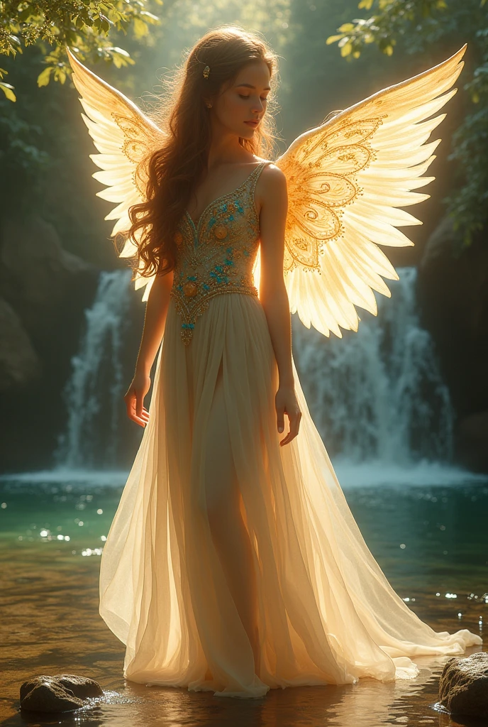 An ethereal girl with flowing, hair stands gracefully near sparkling waterfall, wearing a stunning white debutante dress adorned with lace and shimmering beads. The filters through the trees creating a magical glow around her Her angelic wings soft and pearly glisten as twirls lightly, of water catching the like tiny stars.