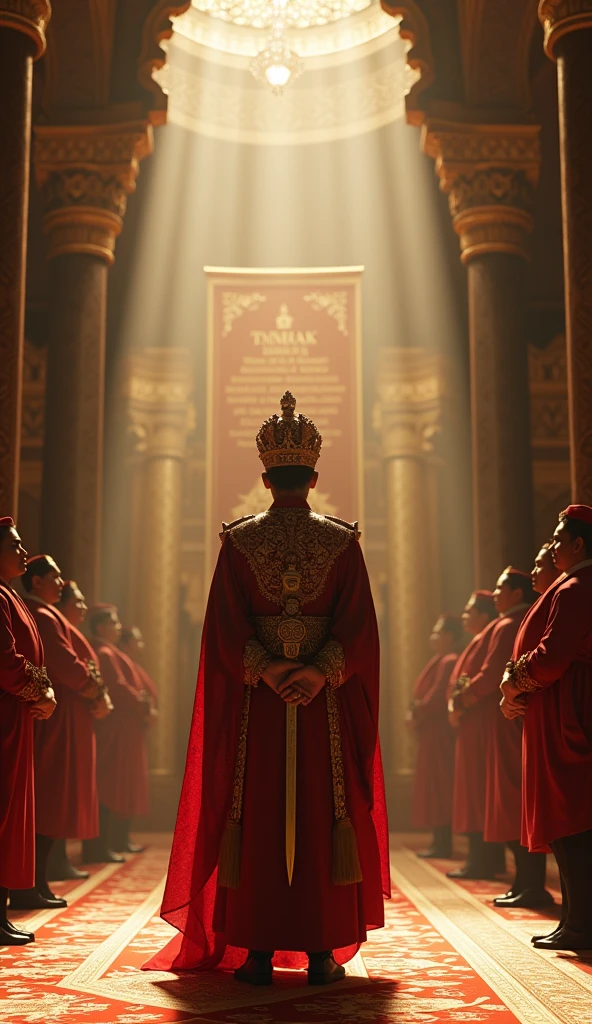 A dramatic scene showing the ceremonial moment when the title "Pangeran" is replaced with "Sultan" in the Islamic Kingdom of Kutai Kertanegara. The setting is a grand hall within the royal palace, with richly decorated Islamic architecture. The central figure, a newly crowned Sultan, is dressed in elaborate attire with a jeweled turban, holding a ceremonial sword. The former title of "Pangeran" is displayed on a scroll being replaced by the new title "Sultan." The room is filled with dignitaries and courtiers witnessing the historic transition. The lighting is rich and regal, with beams of sunlight highlighting the ornate decorations. Ultra-detailed, 8K, hyper-realistic, UHD, cinematic.
