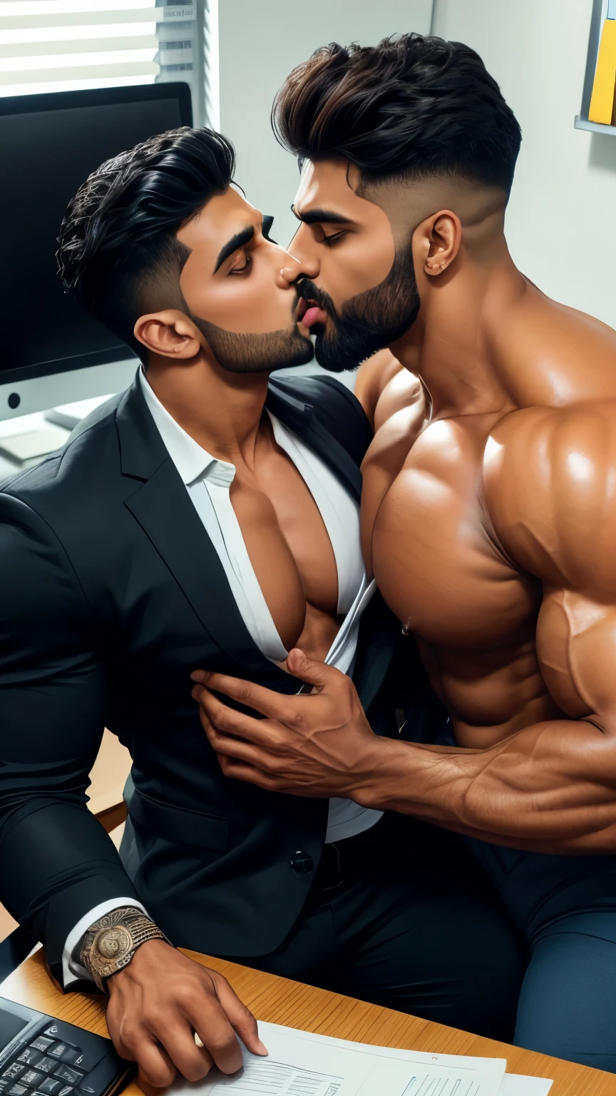 Pehlwan man Indian Gurjar gay couple sucking chest licking chest with big shinning eyes big lips wide jawline beautiful hunk face spiky black hairstyle, seductive kissing in office 