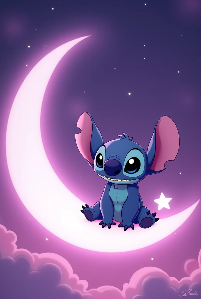 stitch (Lilo y stitch) sitting on a crescent moon and a star next to it... In pink with purple anime type white background