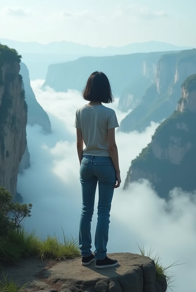 A 164cm kg woman with wolf cut hair around shoulder length, dressed tomboyish with simple blue jeans and tshirt. She stands on the edge of a cliff with one leg at a higher level than the other.. Resting her elbow on the elevated thigh.. She looks down in to depths below that are cloudy. And contemplates life. The view should be far a way to get a full scenic view.  Her face should not appear.. The view should be from the back!! Also her hair is shoulder length!! You are making her look too thin!! She's 65 kg??? 