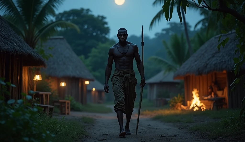 An African hunter with short hair patrolling the village of huts in the night