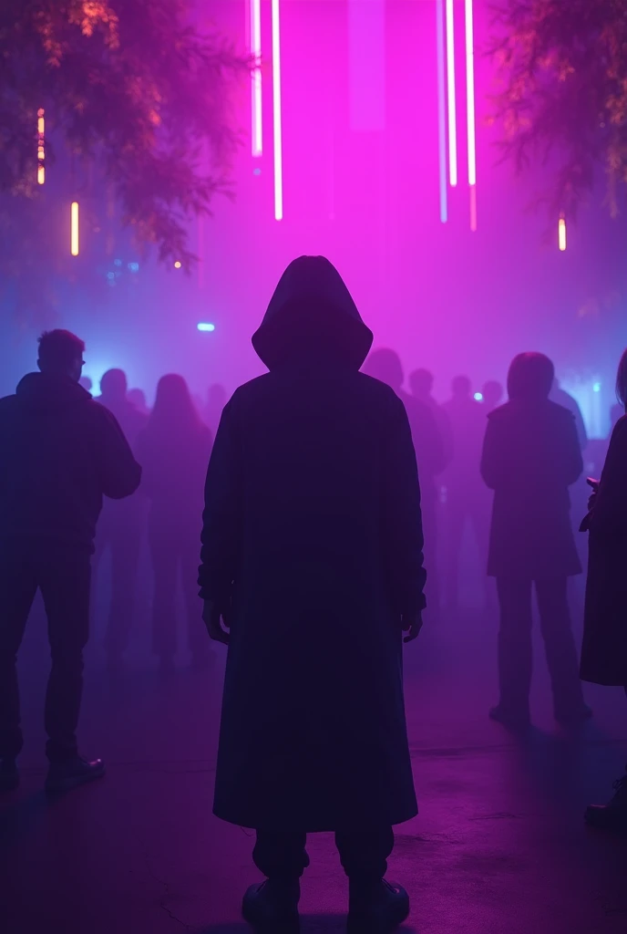 Purple nightclub background with dark tones and a person in the center