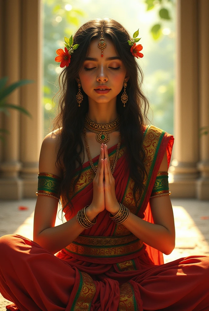 (photorealism:1.2), a beautiful 40 year old women, straight hair tied half, jasmine flower in hair,wearing red saree, wearing many gold chains, sitting and worshipping god laxmi idol, traditional indian home filled with flowers, incense sticks, flower garlands 