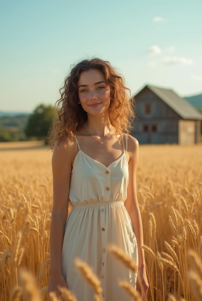 1girl, , tall and attractive, wearing a cute country dress, hair curly, standing in a rustic farm setting. She has a soft, gentle smile and expressive eyes. In the background are charming barns, golden wheat fields and clear blue skies. The composition should be bathed in warm golden hour light, with soft depth of field and soft bokeh to accentuate the idyllic tranquility. Capture images as if they were shot on vintage 35mm film for added oomph, filmg,