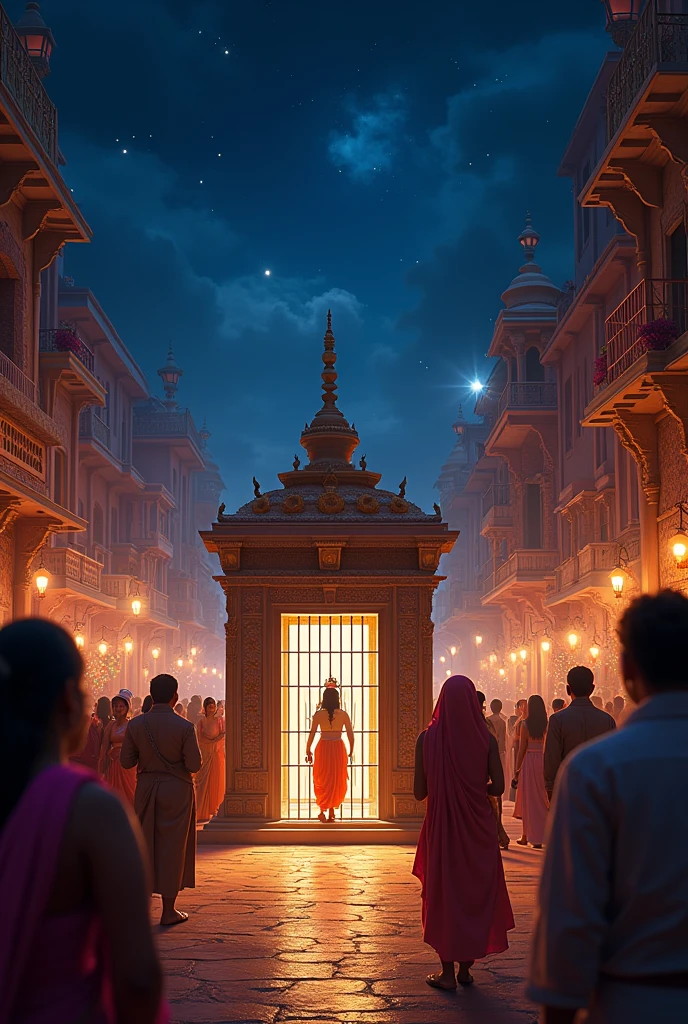 

"A vibrant nighttime scene in ancient Mathura, bustling with festive preparations for Krishna Janmashtami. The streets are adorned with colorful decorations and elaborate tableaux. The sky is dotted with twinkling stars. In the foreground, a depiction of the prison cell with a miraculous light illuminating the newborn Krishna as the jail doors open on their own. In the background, devotees celebrate with joyous prayers and traditional dances, reflecting the grandeur and divine essence of the festival."