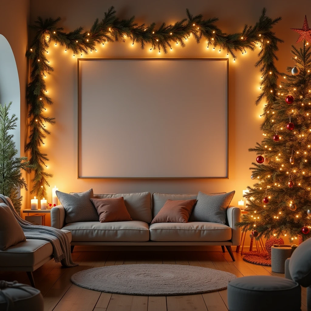 An ultra-realistic, cozy Christmas living room featuring a blank DIN A-sized white-framed canvas hanging on the wall. The canvas subtly reflects the ambient light from the holiday decorations, including a brightly lit Christmas tree, garlands, and glowing candles. The scene is filled with intricate details, such as the texture of the wall, the softness of the cushions, and the delicate shadows cast by the Christmas lights, all creating a warm and welcoming holiday setting