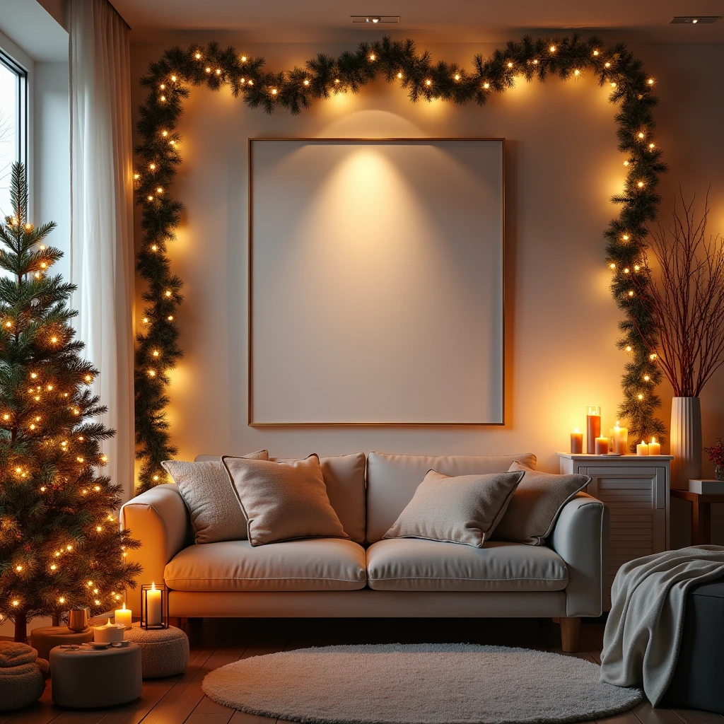 An ultra-realistic, cozy Christmas living room featuring a blank DIN A-sized white-framed canvas hanging on the wall. The canvas subtly reflects the ambient light from the holiday decorations, including a brightly lit Christmas tree, garlands, and glowing candles. The scene is filled with intricate details, such as the texture of the wall, the softness of the cushions, and the delicate shadows cast by the Christmas lights, all creating a warm and welcoming holiday setting