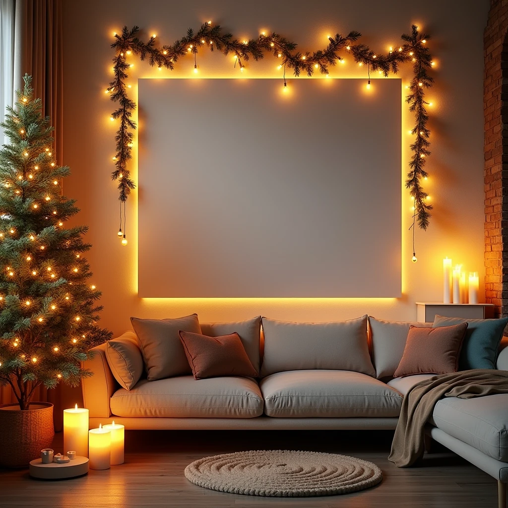 An ultra-realistic, cozy Christmas living room featuring a blank DIN A-sized white-framed canvas hanging on the wall. The canvas subtly reflects the ambient light from the holiday decorations, including a brightly lit Christmas tree, garlands, and glowing candles. The scene is filled with intricate details, such as the texture of the wall, the softness of the cushions, and the delicate shadows cast by the Christmas lights, all creating a warm and welcoming holiday setting