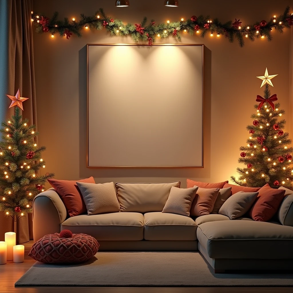 An ultra-realistic, cozy Christmas living room featuring a blank DIN A-sized white-framed canvas hanging on the wall. The canvas subtly reflects the ambient light from the holiday decorations, including a brightly lit Christmas tree, garlands, and glowing candles. The scene is filled with intricate details, such as the texture of the wall, the softness of the cushions, and the delicate shadows cast by the Christmas lights, all creating a warm and welcoming holiday setting