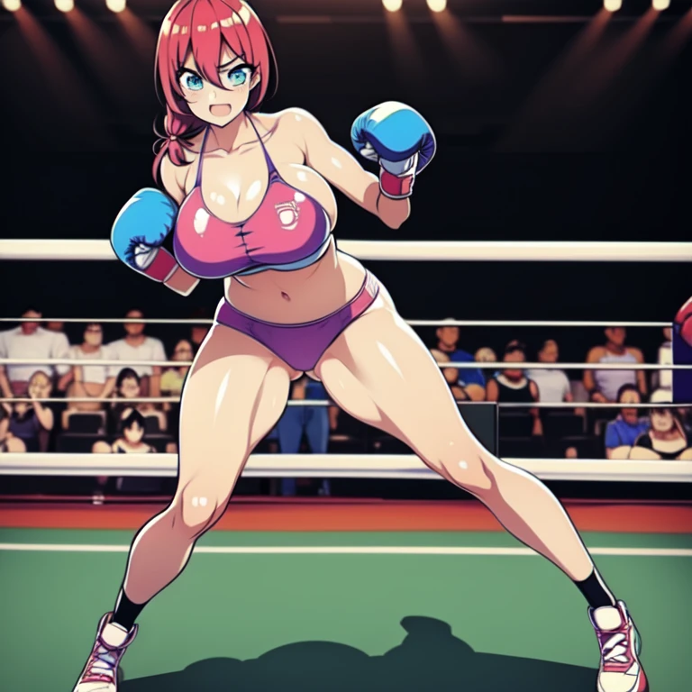 1 woman in the Japan hentai game"Lesbian Boxing wars", 1-person Fullbody drawing, （wearing boxing gloves）,Boxing coliseum, （Blue-athletic-Buruma-outfit）.