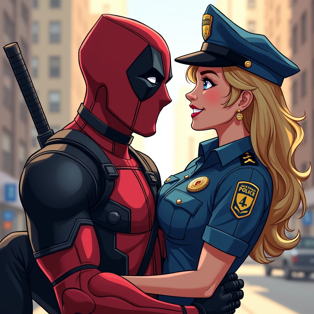 Make a photo in which Deadpool is holding a police girl in his arms and is flirting with her and the police girl is looking at Deadpool, hot cleavage police girl, girl in police uniform 