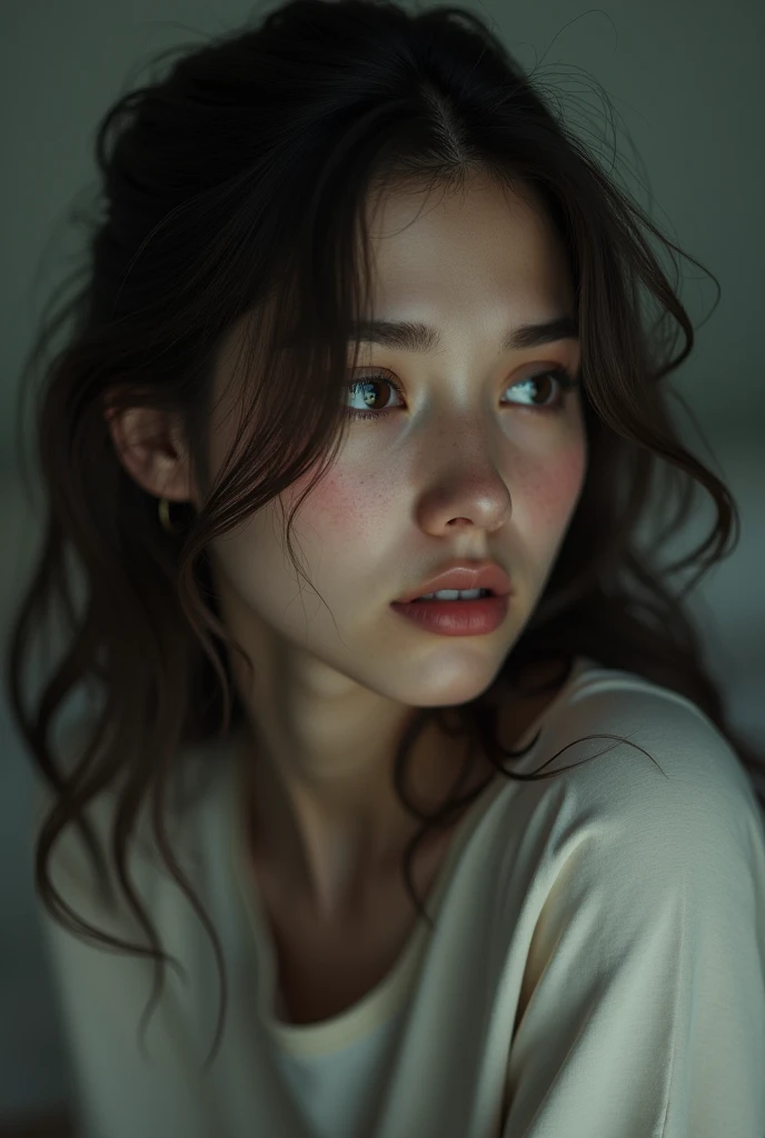 (photorealism:1.2), a young woman  ((sitting)) with a sad face