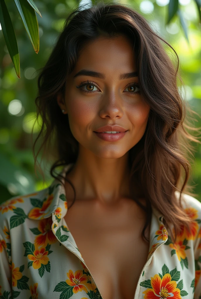 A Brazilian woman in a lush tropical garden, wearing an open shirt with a floral print, with a close-up capturing the harmonious beauty between her breasts and the natural flowers, showing off your natural charm and outgoing personality.