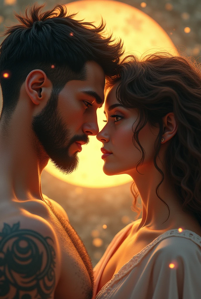 create couple image, being the man with black hair and shaved head, brown eyes and the woman with curly brown hair and brown eyes, the two represented by the sun and the moon, the man being the moon and the woman the sun