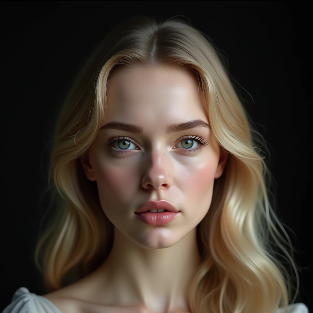 HYBRID FACE BETWEEN HELENA KAMPOURIS AND AMY ADAMS, VERY PALE SKIN, HIGH CHEEKBONES, ROSY CHEEKS, MENTAL FORAMEN, GORGEOUS LIPS, GRAY EYES, LONG BLOND HAIR, DIFFUSED DAYLIGHTS ON FACE, BLACK CACKGROUND, MASTERPIECE