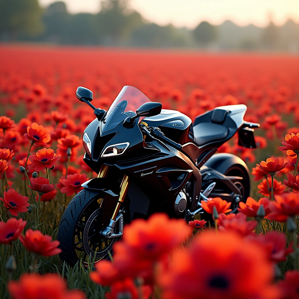 The beutiful bmw s1000rr bike in middle of red flowers