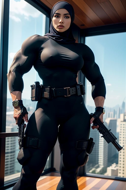Photorealistic, high resolution, 1 malay woman in hijab, Solo, Hips up, Gaza background, flag Malaysia, view the viewer, (Detailed face), White hijab, SWAT vests, sniper rifle handle, Black military uniform, bulletproof vest, Holding an ault rifle, M16, Inside the city of Palestine, Very detailed, Perfect face, Black eye, jewelry, (full body view), Lifelike, masterpiece