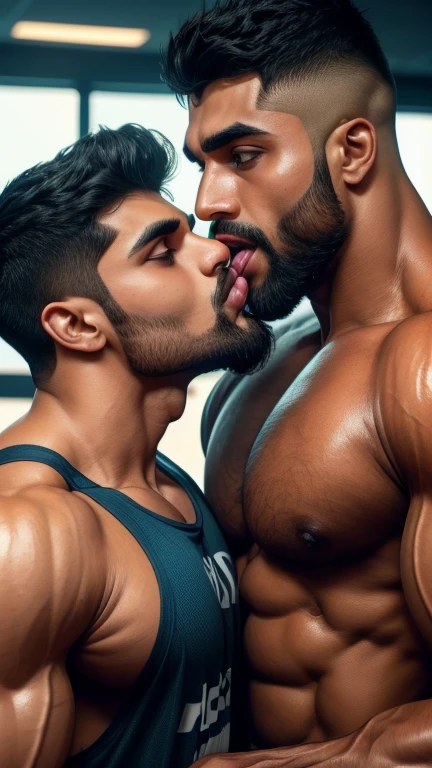 Pehlwan man Indian Gurjar gay couple wetty mouth to mouth tounge to tounge kissing and sucking lower lip, bitting lower lip during kissing saliva dripping from mouth with big shinning eyes big lips wide jawline beautiful hunk face spiky black hairstyle, seductive kissing in gym during sweat running from body