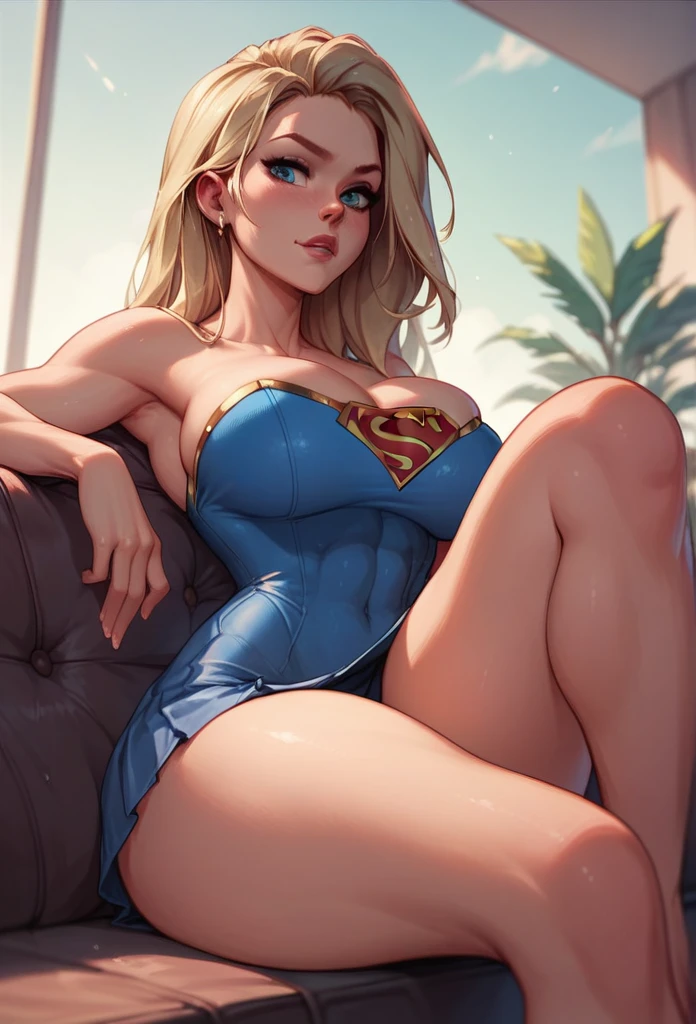 Supergirl, big breasts, deep cleavage, sitting on a sofa, view from below her, spreading her legs , no nsfw, no nude