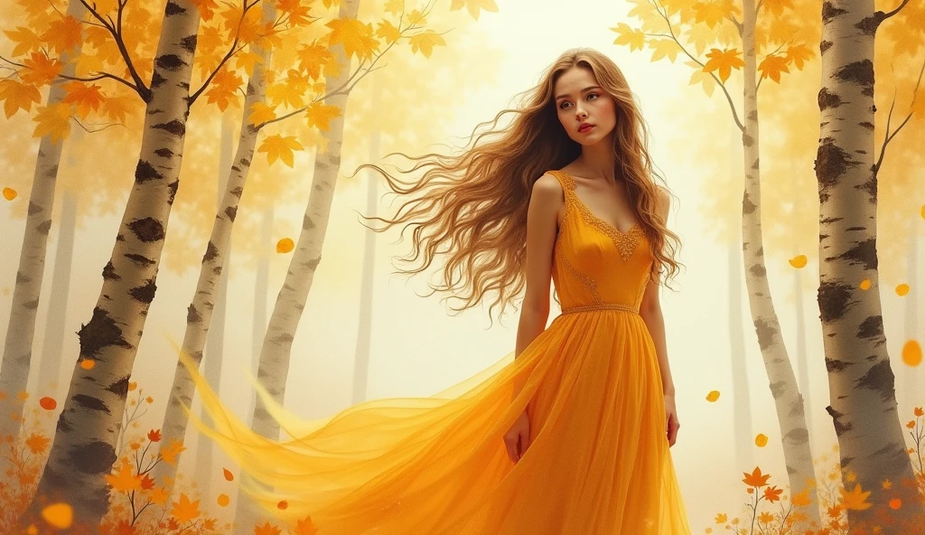 Go back
Create a mesmerizing dreamy hazy breezy watercolour utilizing minimal paint and maximum water usage with loose intuitive brushstrokes to paint an Autumn birch tree forest where an ethereal beautiful young woman whose long lustrous soft wavy light brown hair seems to embroidered the foliage with its beauty, her innocence sparkles in the beautiful dark amber eyes, her lovely modest dress made of golden leaves, with minimalist composition, falling yellow autumn leaves, ethereal hazy mist, rolling fog and smoke, pale yellow sunlight, gorgeous bokeh orbs dancing, illuminating leaves in autumnal colour palette, romantic melancholy, nostalgic sadness, serene ambiance, soft natural light, monochromatic colour scheme, high contrast, fine details, tranquil EmmAI atmosphere, foggy woodland, peaceful and dreamy setting, evoking a sense of calm and mystery, capturing the essence of fall. A fantastical portrait of a woman with flowing hair among birch trees and golden leaves, exuding a dreamy, ethereal mood.