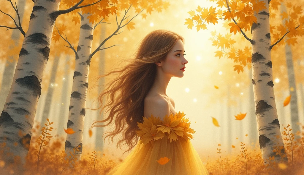 
Go back
Create a mesmerizing dreamy hazy breezy watercolour utilizing minimal paint and maximum water usage with loose intuitive brushstrokes to paint an Autumn birch tree forest where an ethereal beautiful young woman whose long lustrous soft wavy light brown hair seems to embroidered the foliage with its beauty, her innocence sparkles in the beautiful dark amber eyes, her lovely modest dress made of golden leaves, with minimalist composition, falling yellow autumn leaves, ethereal hazy mist, rolling fog and smoke, pale yellow sunlight, gorgeous bokeh orbs dancing, illuminating leaves in autumnal colour palette, romantic melancholy, nostalgic sadness, serene ambiance, soft natural light, monochromatic colour scheme, high contrast, fine details, tranquil EmmAI atmosphere, foggy woodland, peaceful and dreamy setting, evoking a sense of calm and mystery, capturing the essence of fall. A fantastical portrait of a woman with flowing hair among birch trees and golden leaves, exuding a dreamy, ethereal mood.