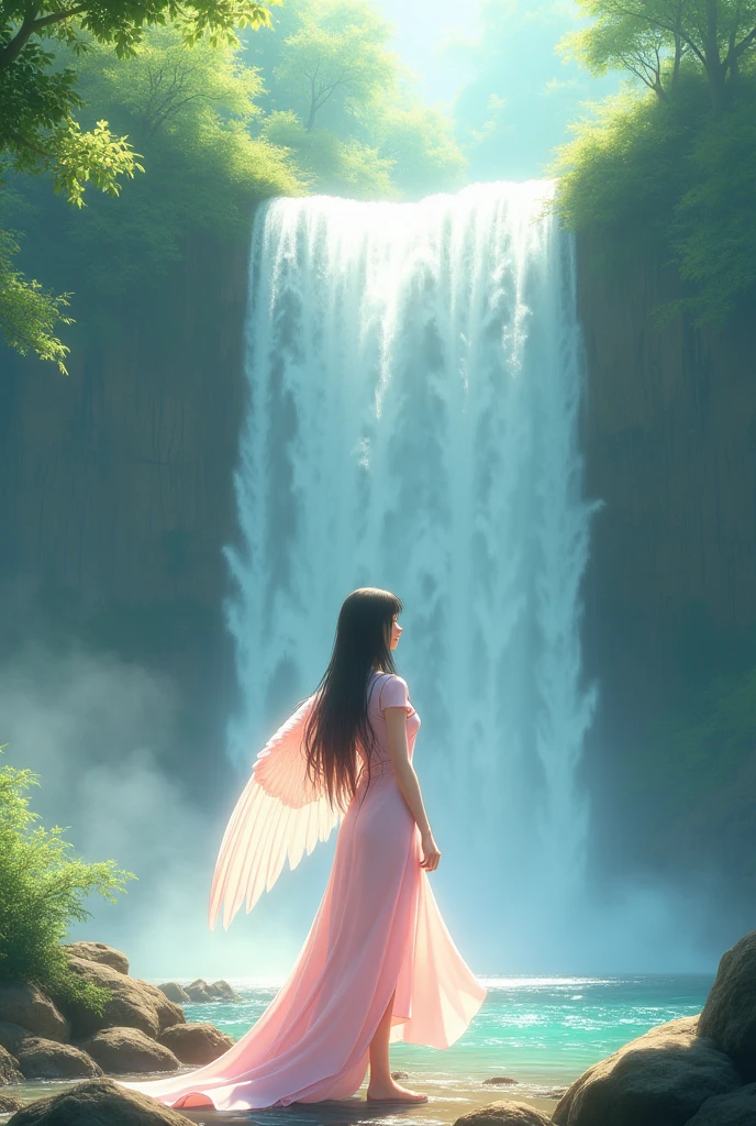 A stunning anime girl with long, straight dark hair and a gentle expression wears a light pastel pink suit dress, elegantly tailored to showcase her figure. She stands at the base of a breathtaking waterfall, her wings partially unfolded, glowing softly in the sunlight that filters through the trees, casting dappling shadows on the ground.