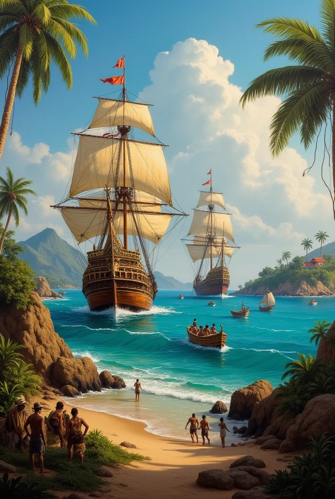 Old maps of the Philippines, Spanish ships arriving, and scenes of early colonial settlements.