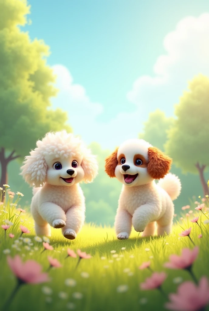 Maki a white French poodle and Theo Cuyo white with brown spots