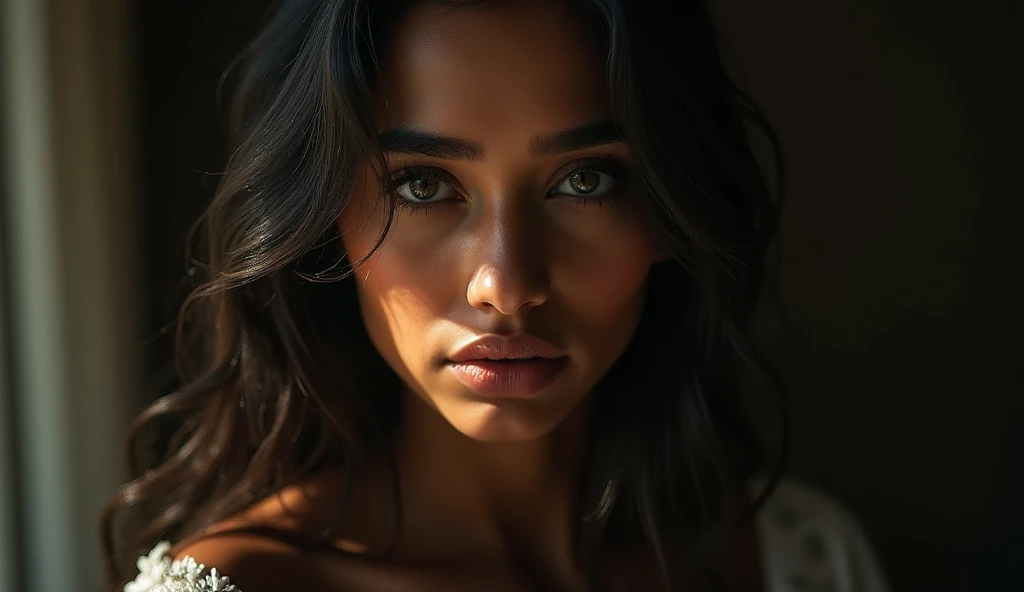 a beautiful mysterious Indian woman, Western fashion, intricate detailed face, piercing eyes, long eyelashes, delicate skin, natural beauty, flowing hair, candid elegant pose, dramatic lighting, cinematic mood, muted color palette, chiaroscuro lighting, high quality, photorealistic, 8k, intricate details, professional rendering