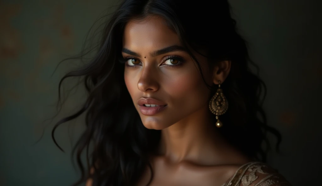 a beautiful mysterious Indian woman, Western fashion, intricate detailed face, piercing eyes, long eyelashes, delicate skin, natural beauty, flowing hair, candid elegant pose, dramatic lighting, cinematic mood, muted color palette, chiaroscuro lighting, high quality, photorealistic, 8k, intricate details, professional rendering