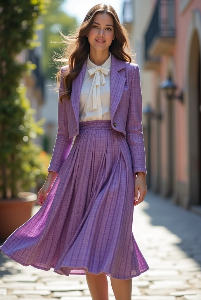 White blouse with bow at the collar, purple plaid flared skirt, purple patterned short jacket, white Mary Jane flats